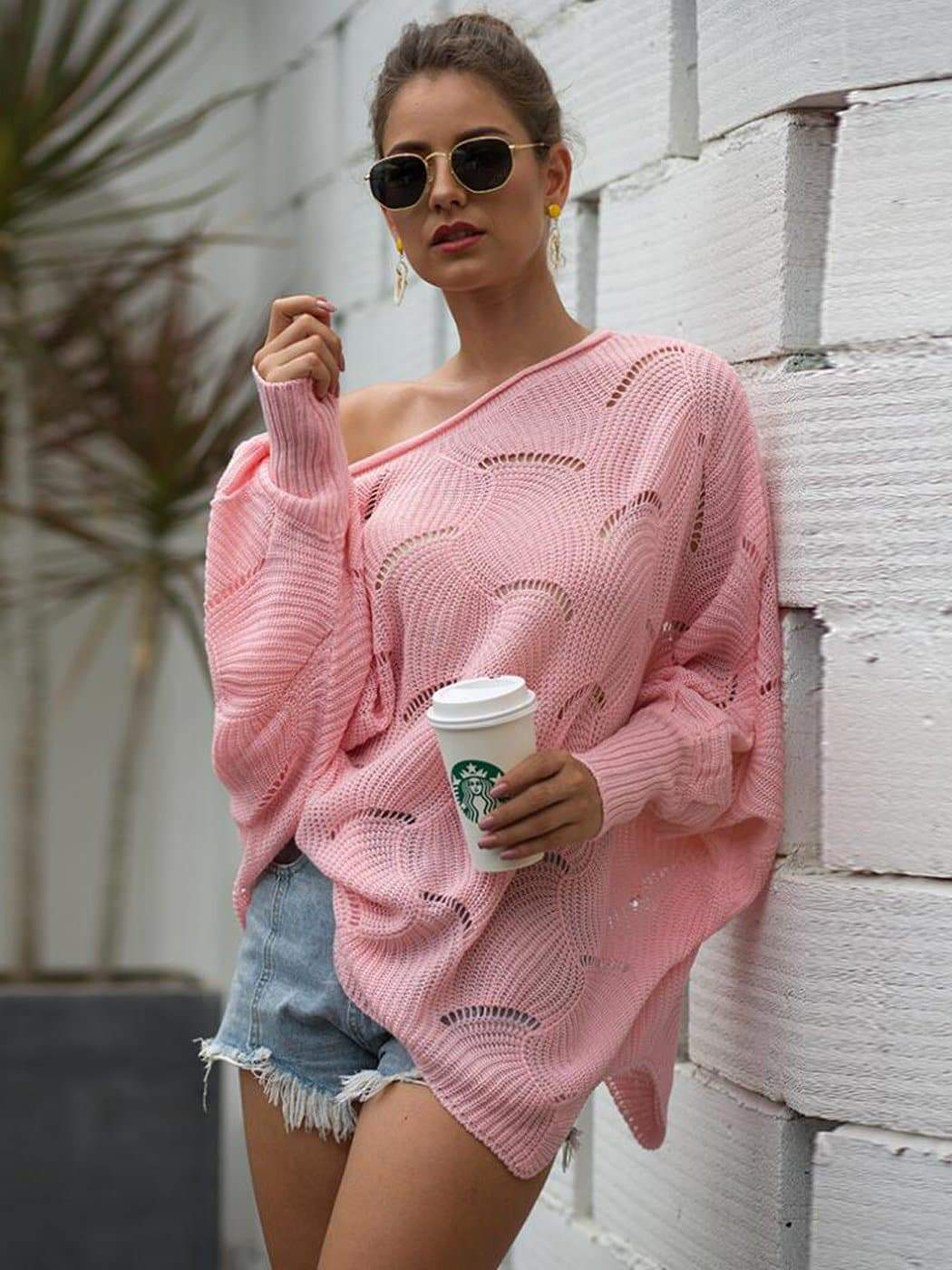 Loose Batwing Sleeve Hollow Out Knit Sweater Top