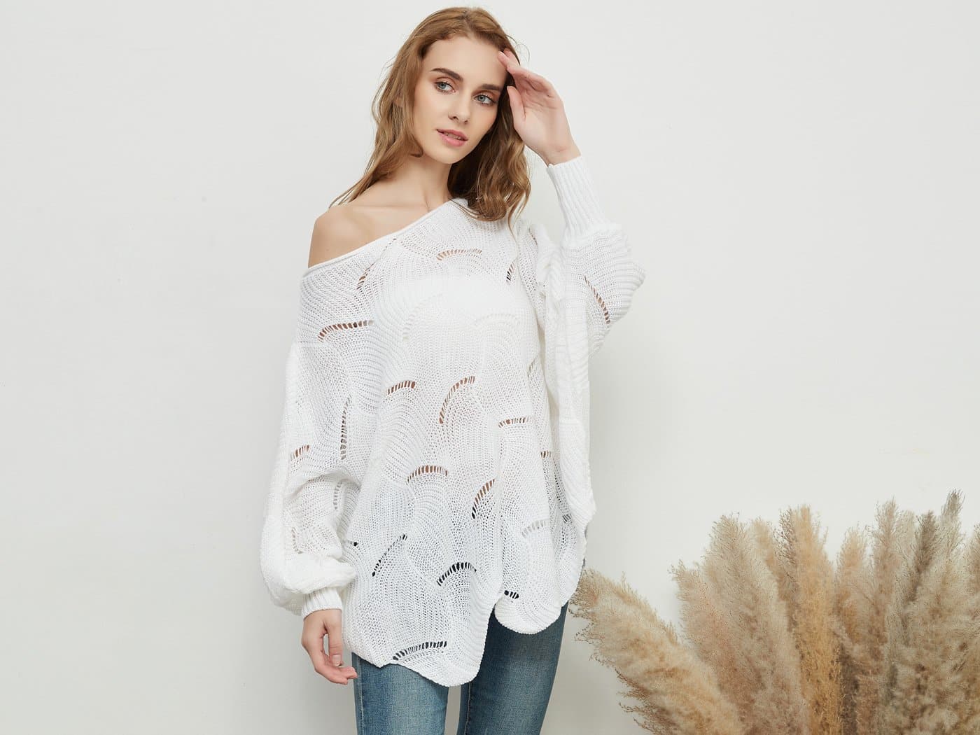 Loose Batwing Sleeve Hollow Out Knit Sweater Top