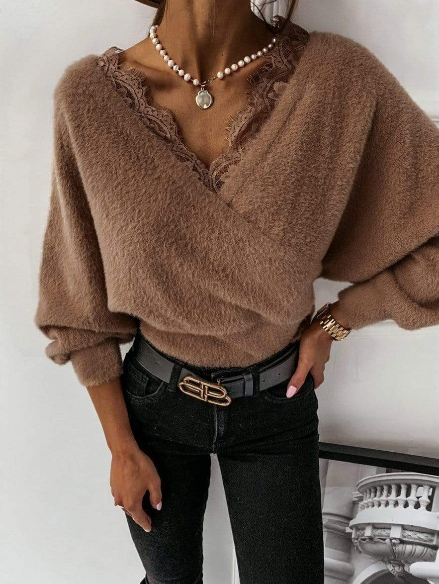 Surplice Neck Lace Detail Sweater