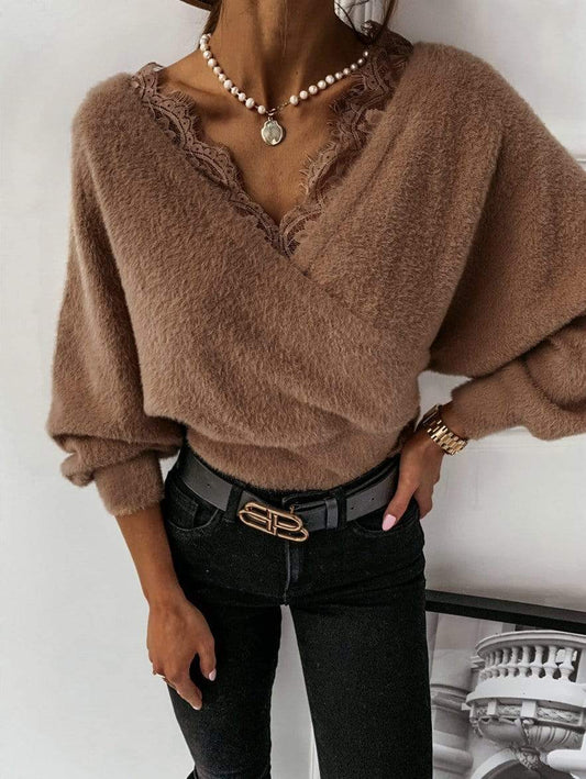 Surplice Neck Lace Detail Sweater
