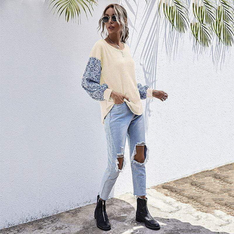 Two Tone Floral Print Sweater