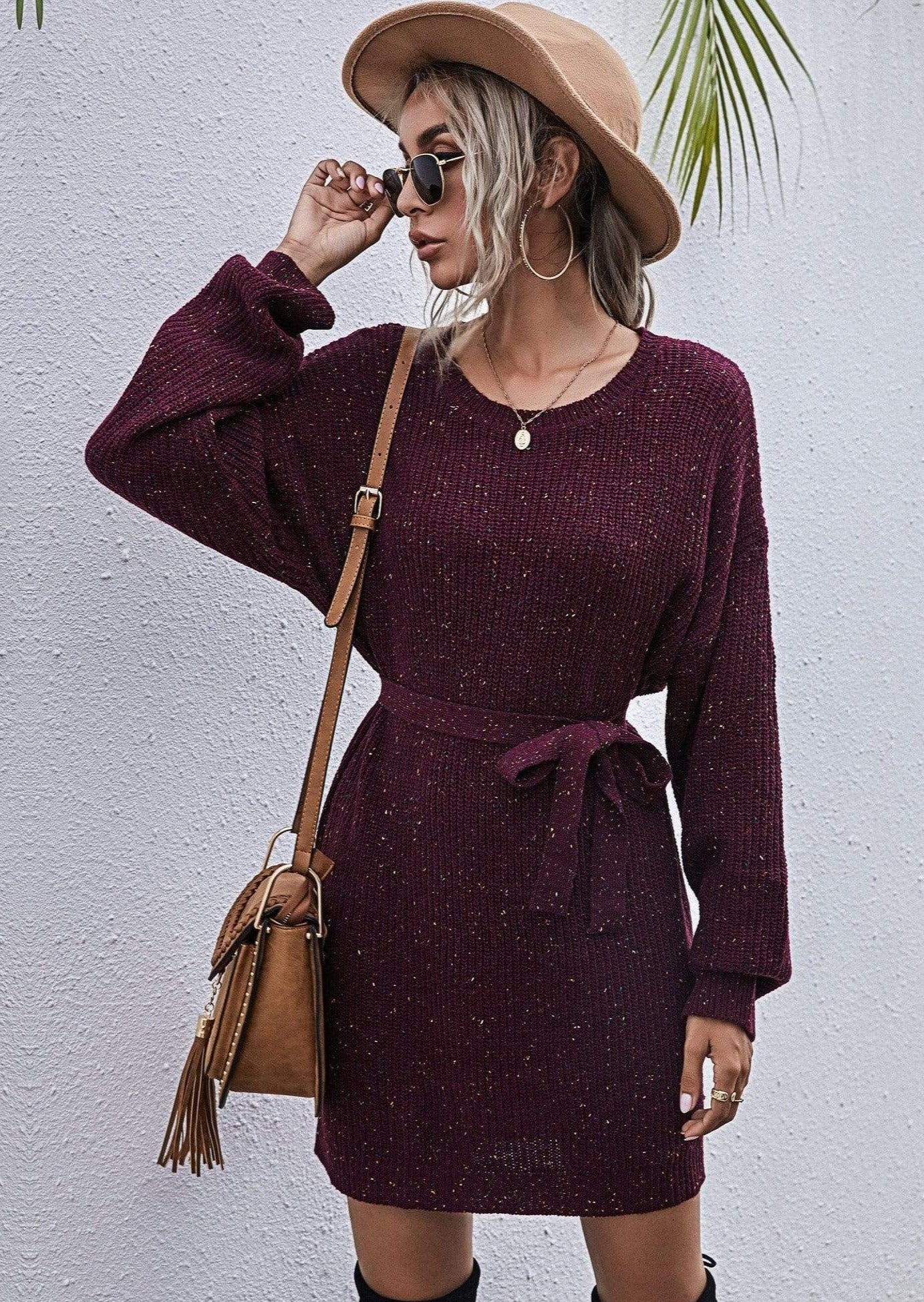 Textured Tie Waist Sweater Dress