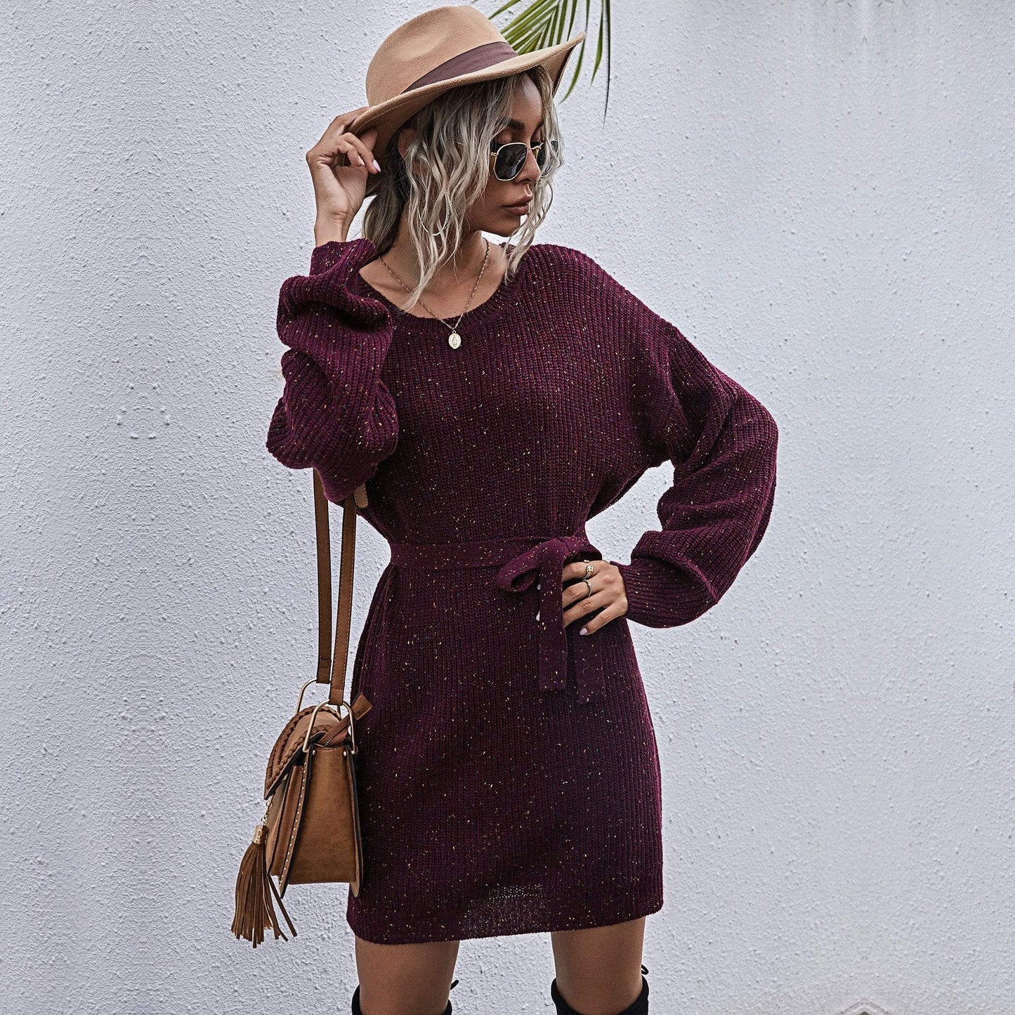 Textured Tie Waist Sweater Dress