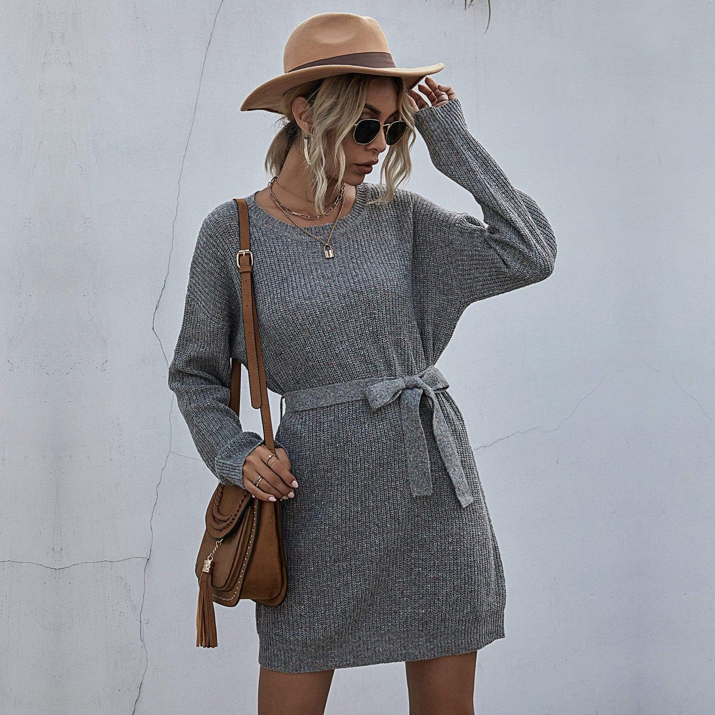 Textured Tie Waist Sweater Dress