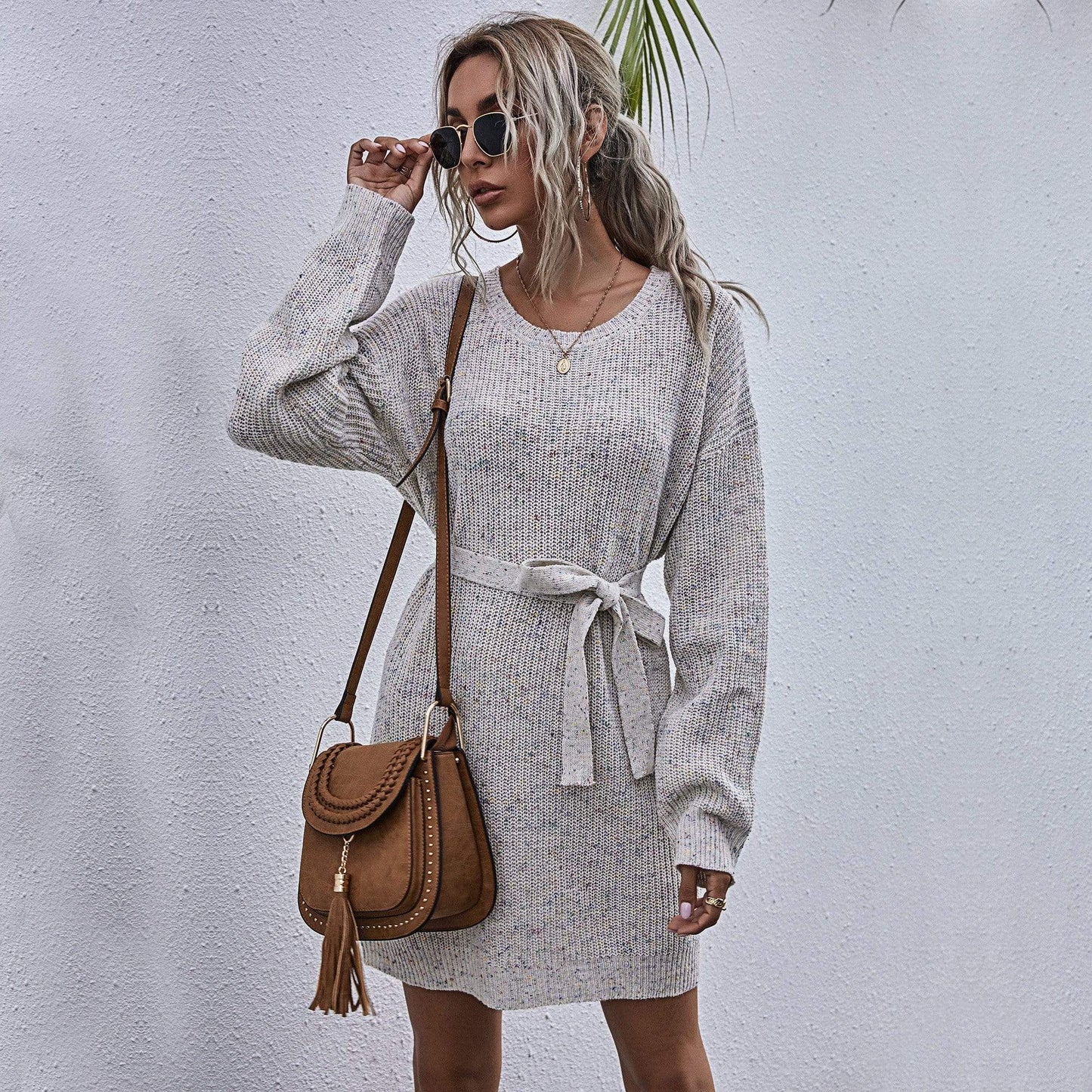 Textured Tie Waist Sweater Dress
