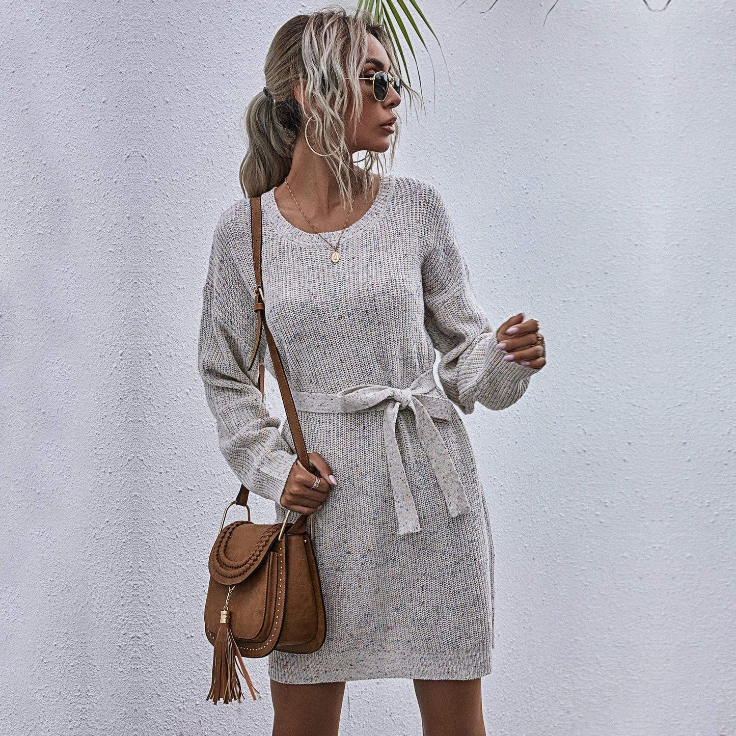 Textured Tie Waist Sweater Dress