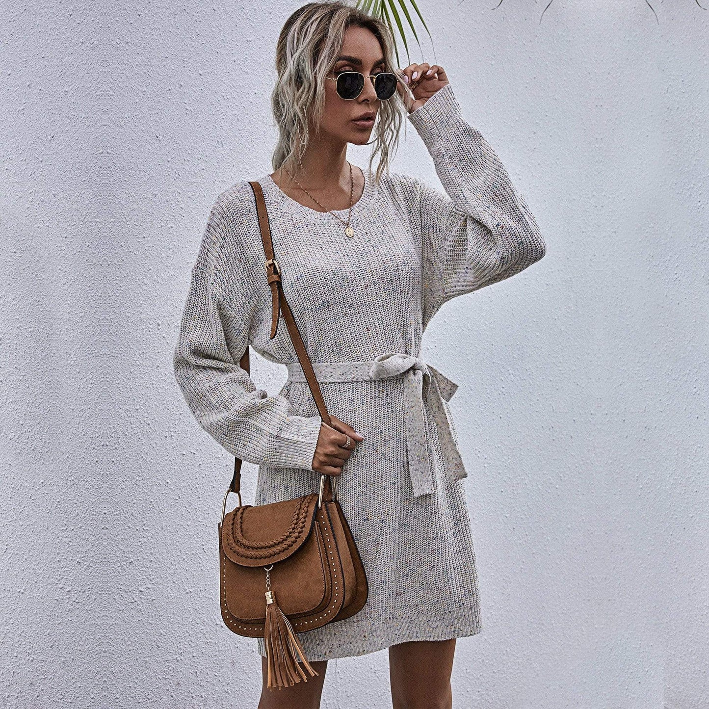 Textured Tie Waist Sweater Dress