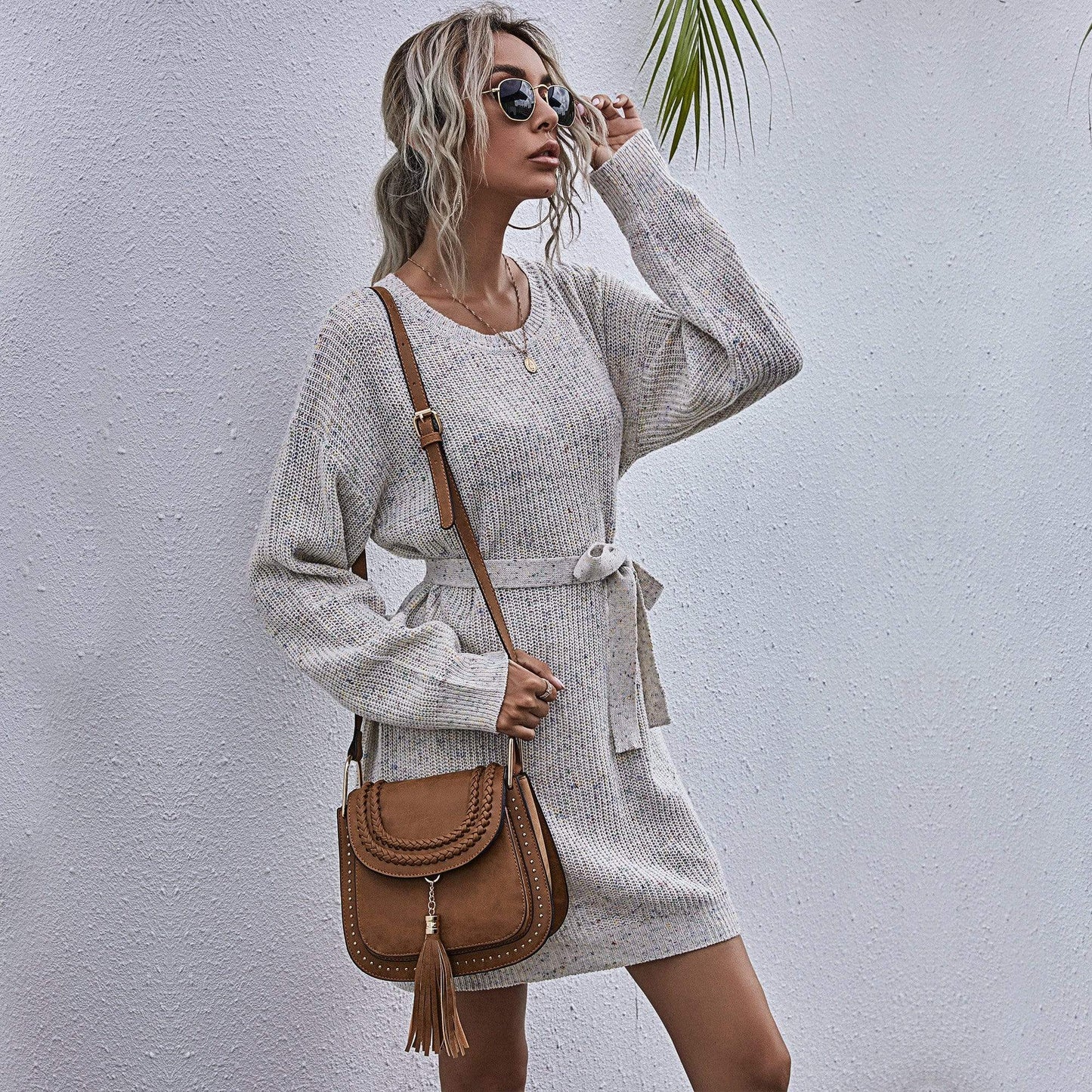 Textured Tie Waist Sweater Dress