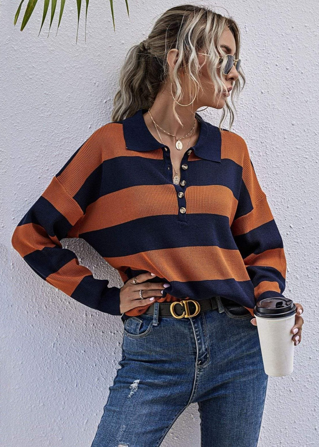 Half Placket Striped Sweater