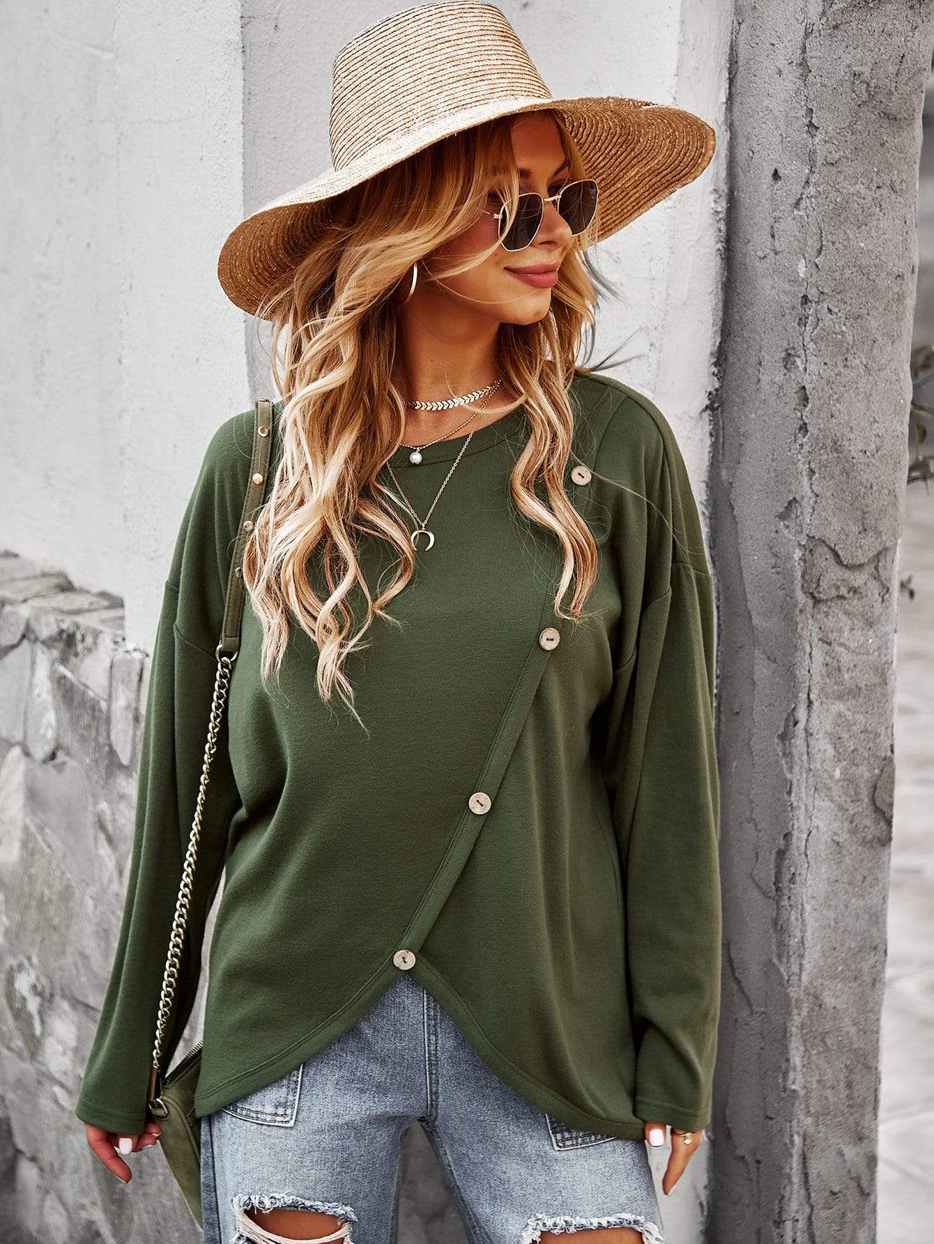 Asymmetrical Hem Button Sweater