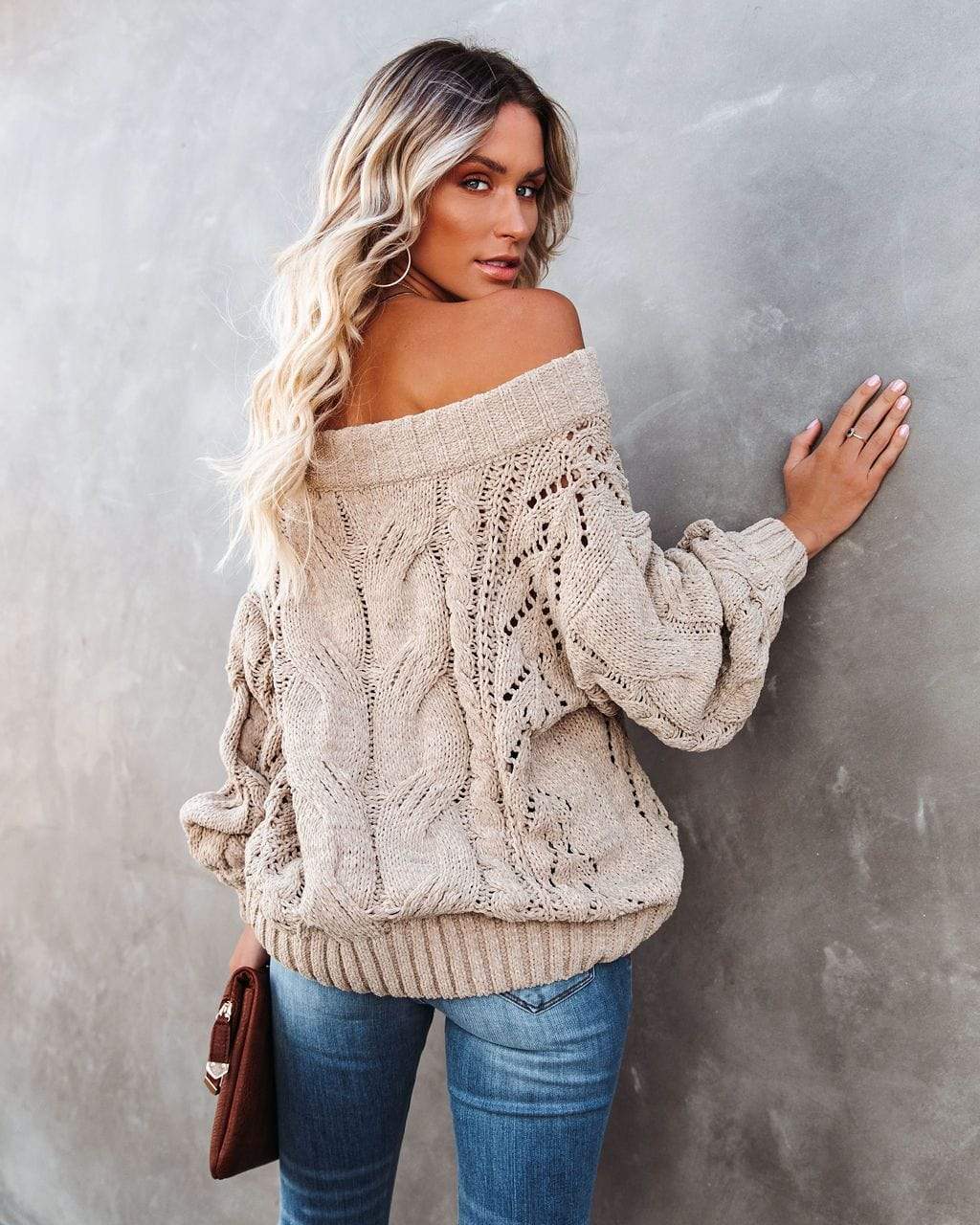 Off Shoulder Cable Knit Sweater