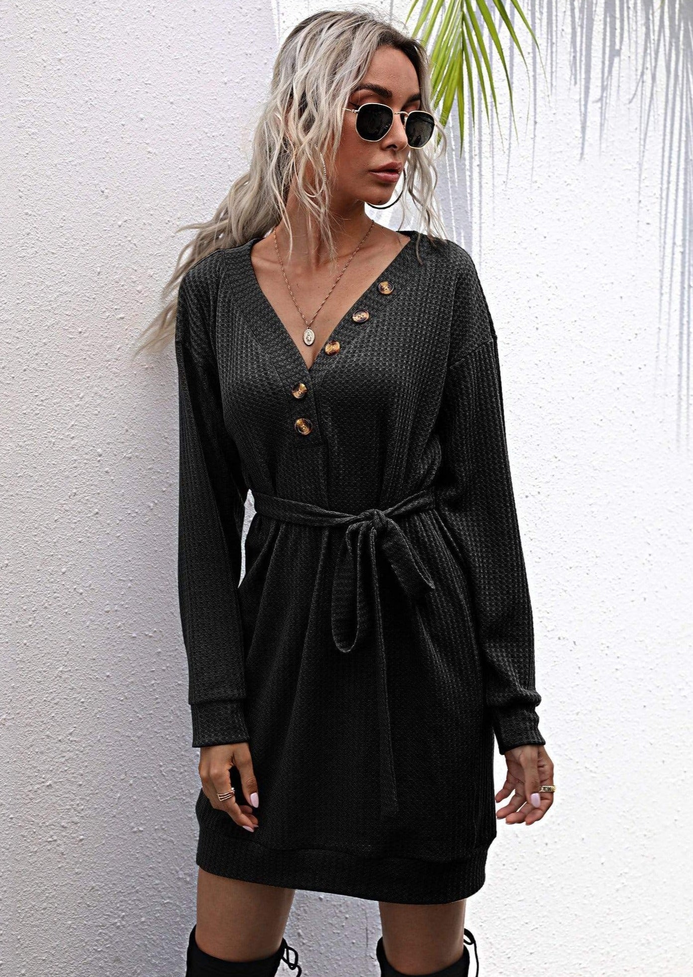 V Neck Button Sweater Dress