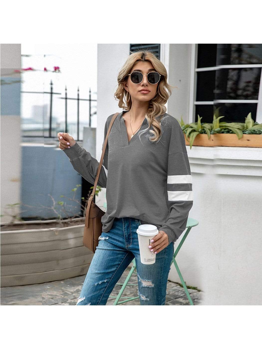 V Neck Striped Sleeve Sweater