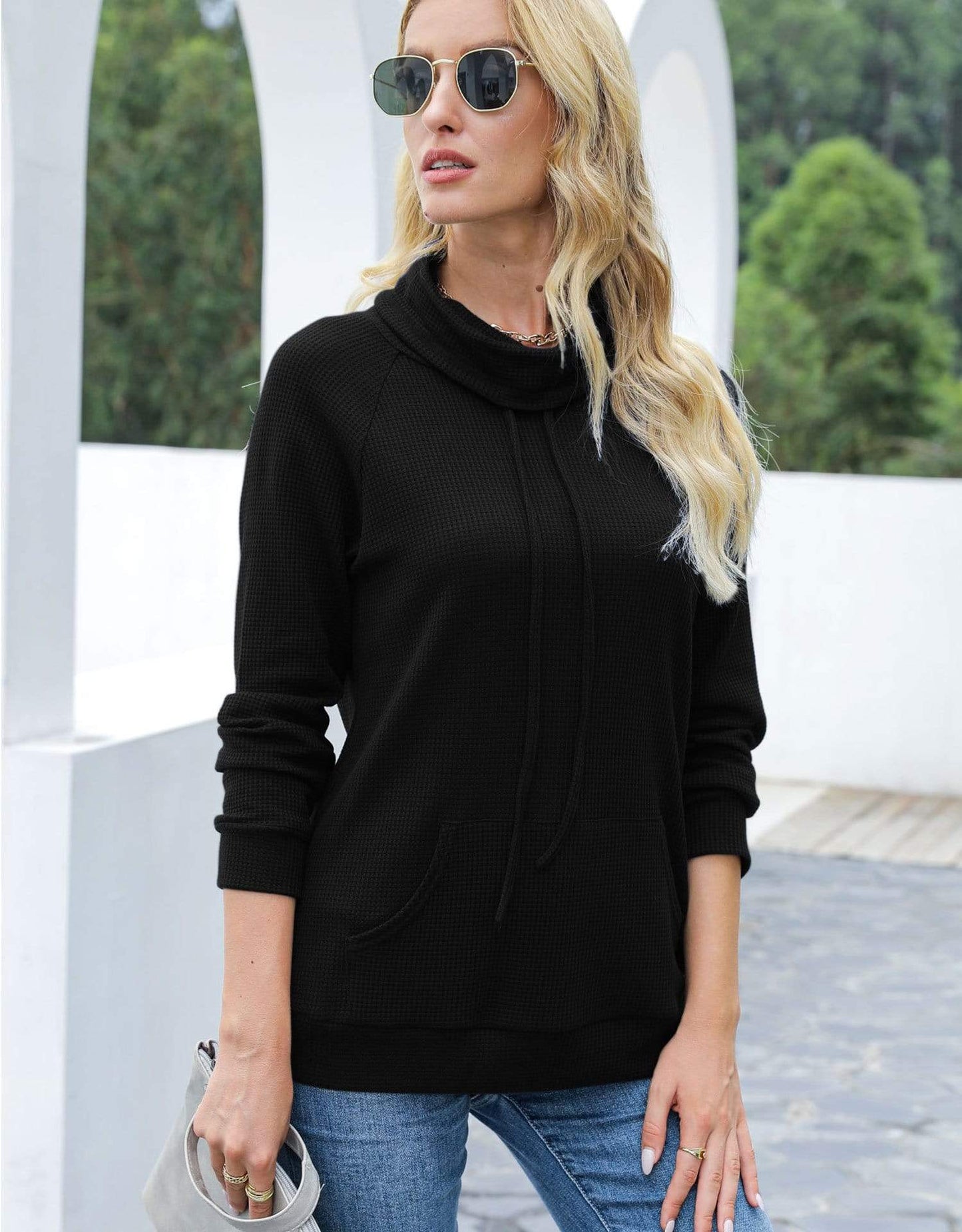 Waffle Knit Cowl Neck Pullover