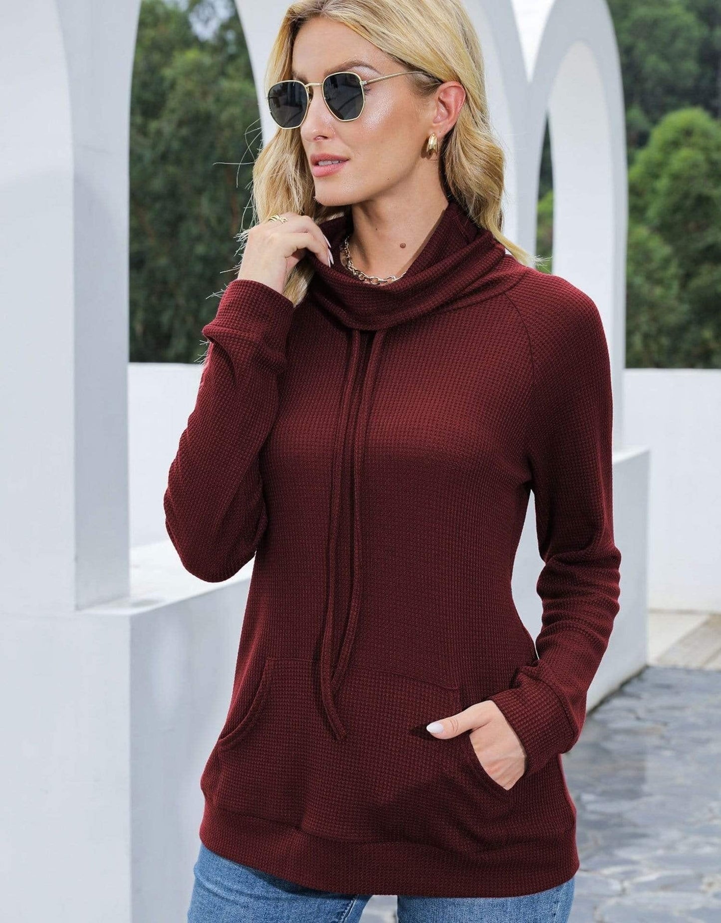 Waffle Knit Cowl Neck Pullover