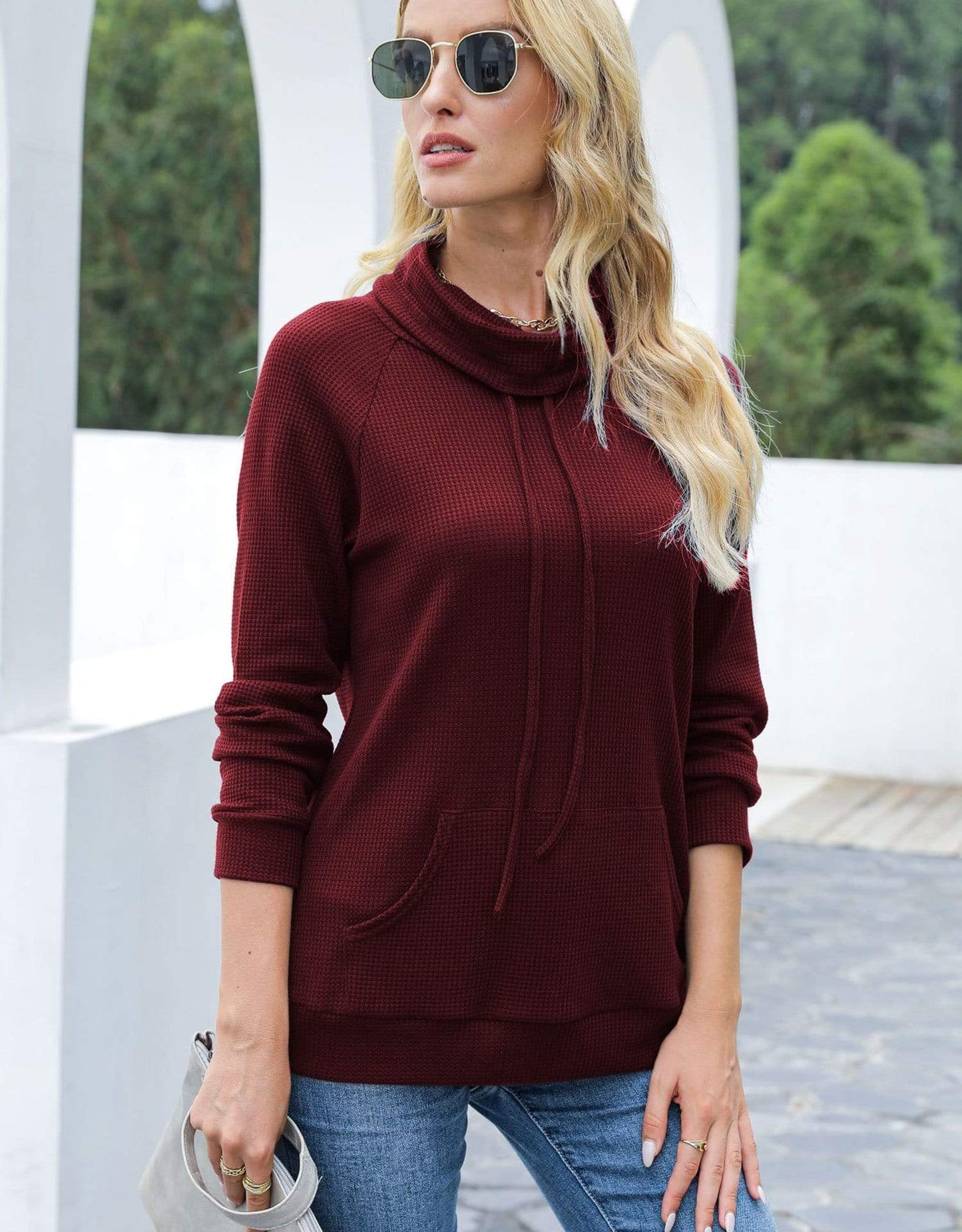 Waffle Knit Cowl Neck Pullover