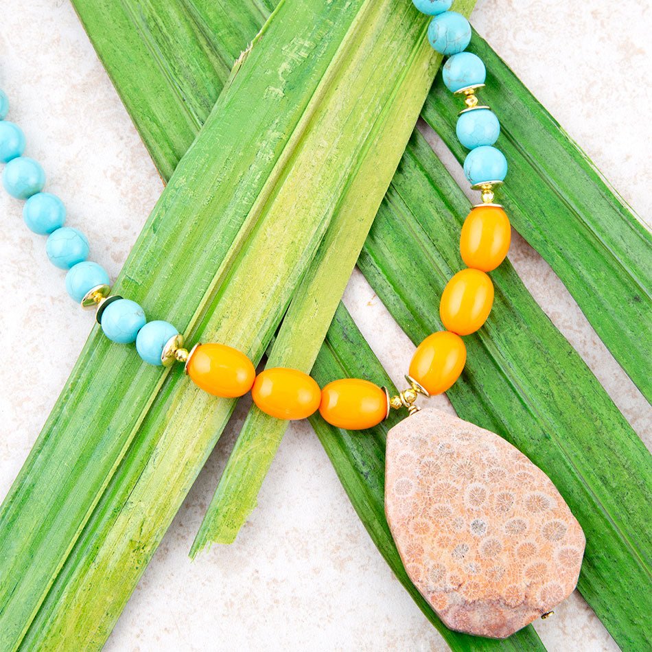 Apricot Fossil Blue Magnesite Golden Pendant Necklace
