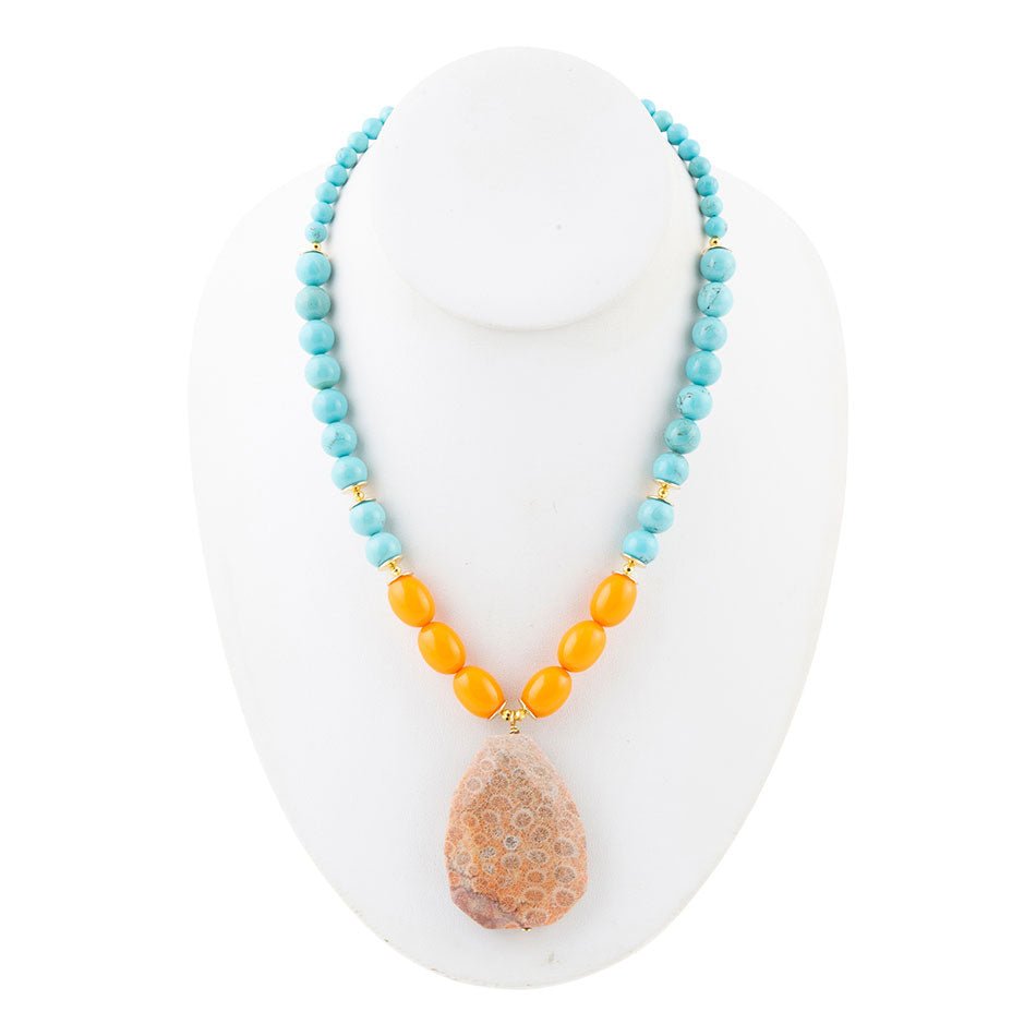 Apricot Fossil Blue Magnesite Golden Pendant Necklace