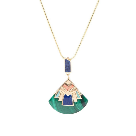 Art Deco Colorful Inlay Golden Pendant Necklace