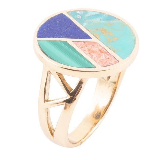 Art Deco Colorful Inlay Golden Ring