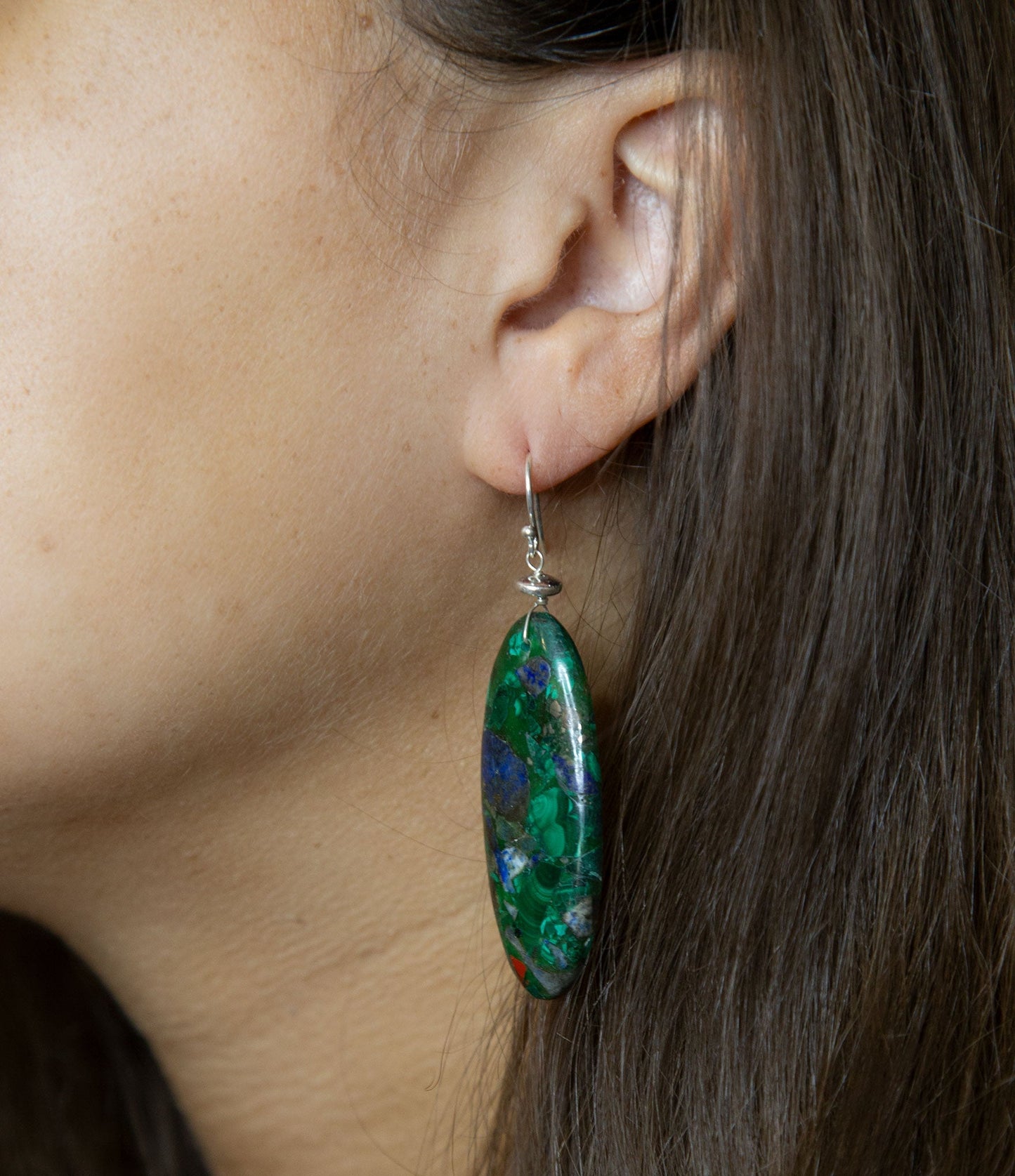 Blue Green Azurite Matrix Statement Sterling Silver Drop Earrings