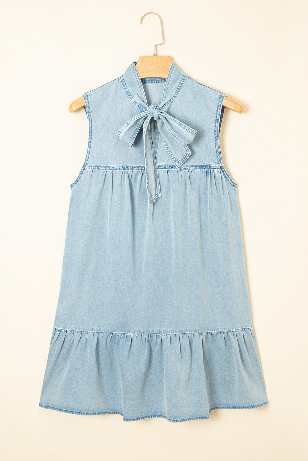 Chambray Bow Neck Sleeveless Ruffle Dress