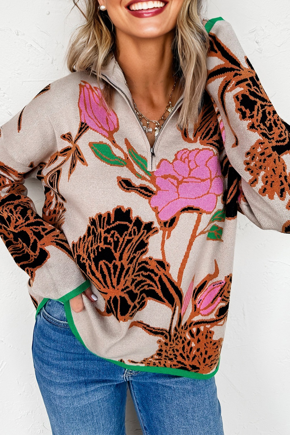 Floral Knit Quarter-Zip Long Sleeve Sweater