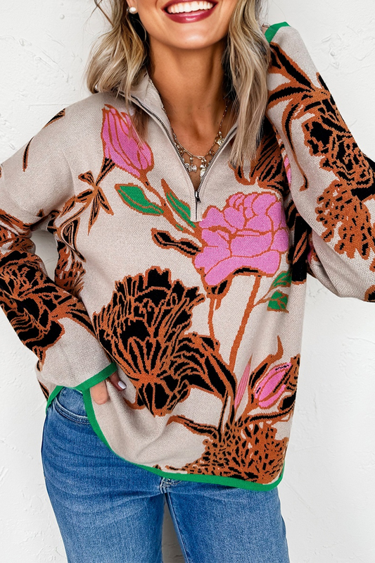 Floral Knit Quarter-Zip Long Sleeve Sweater