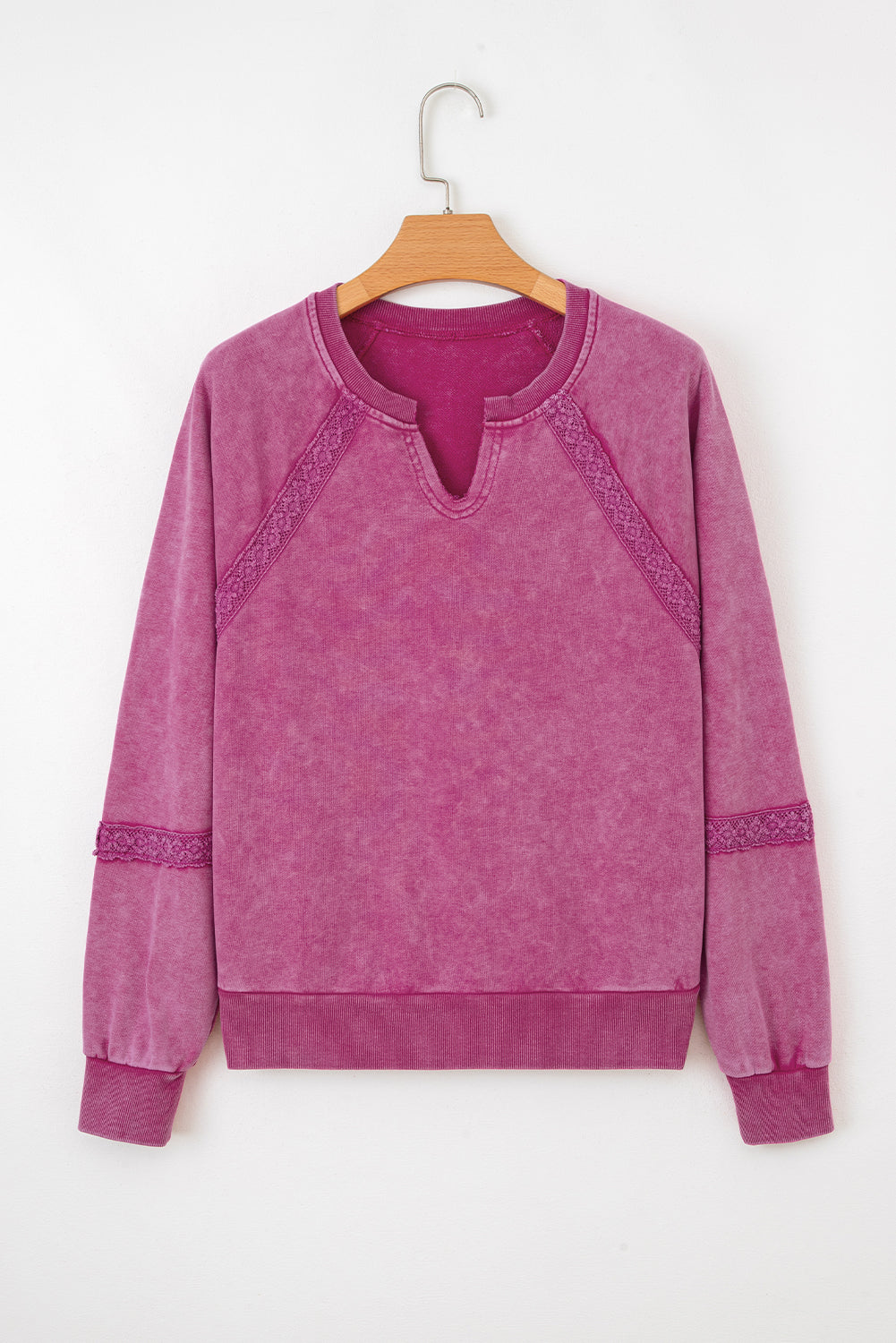 Lace Patchwork Mineral Wash Notched Neck Sweatshirt