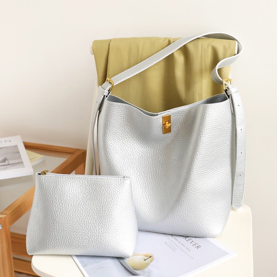 Large Capacity Versatile Bucket Bag for Female - Retro Texture Soft PU Crossbody Hobo Bag with Lock, 2 in 1 Casual Style