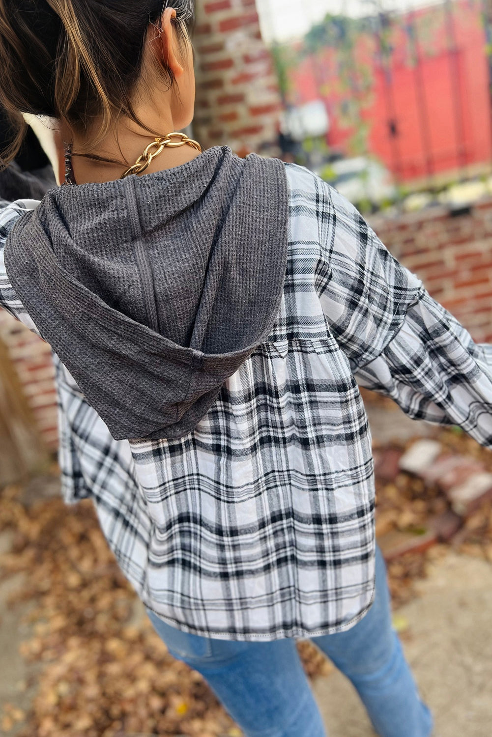 Plaid Quarter-Button Patchwork Long Sleeve Hooded Blouse