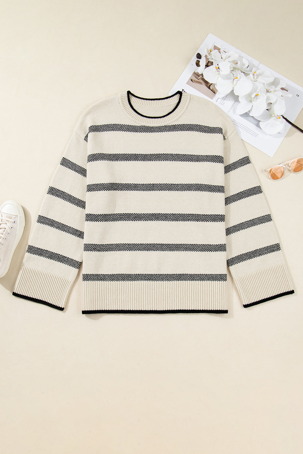 Plus Size Stripe Wide Sleeve Crewneck Sweater