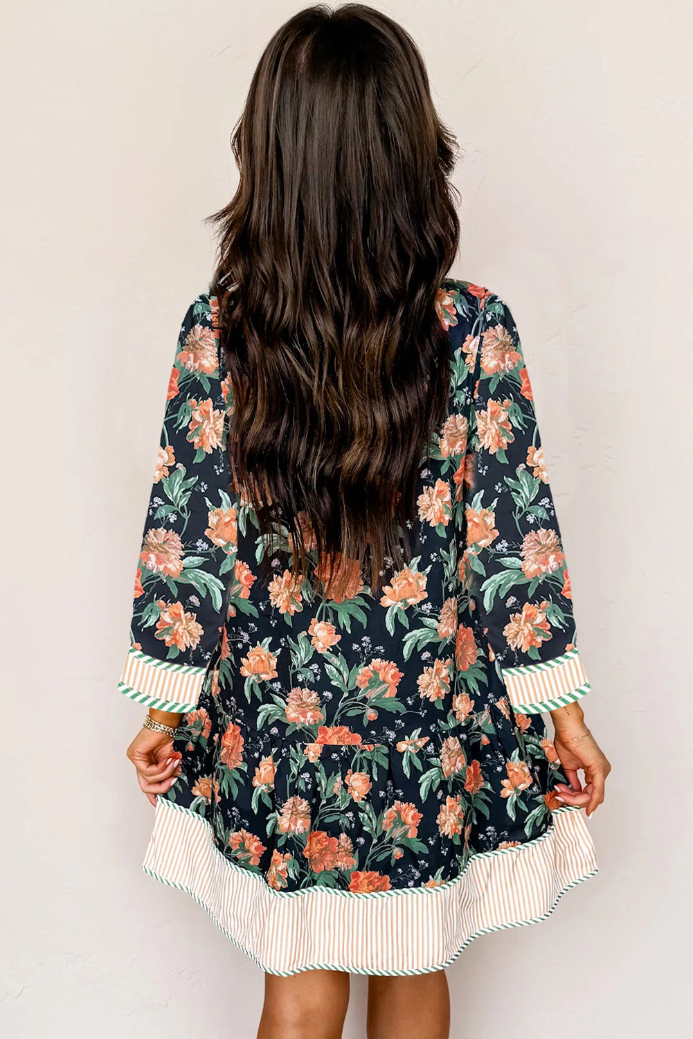 Floral Stripe Trim V-Neck Ruffle Hem Mini Dress