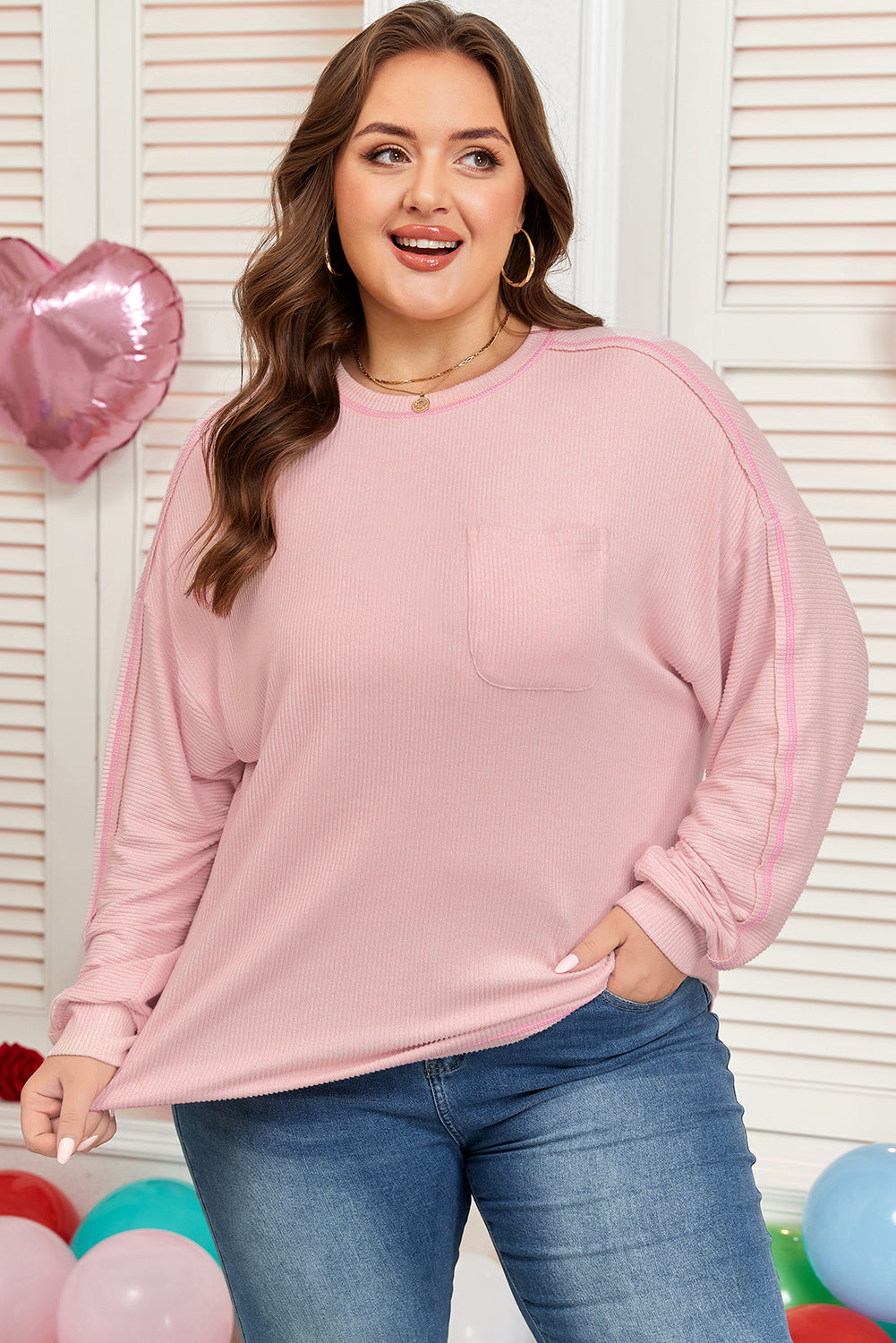 Plus Size Solid Ribbed Reverse Seam Chest Pocket Top