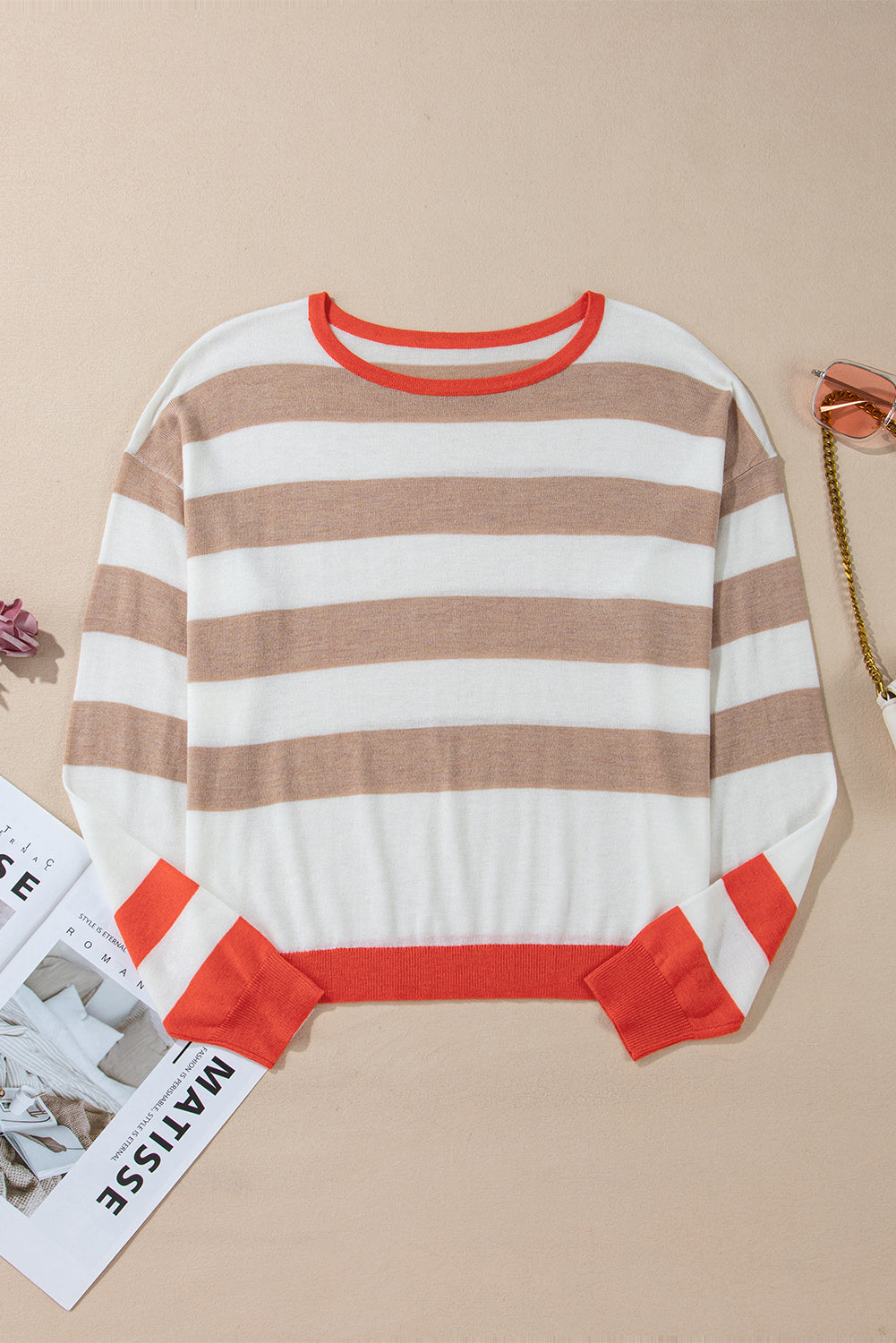 Stripe Colorblock Crewneck Drop Shoulder Sweater