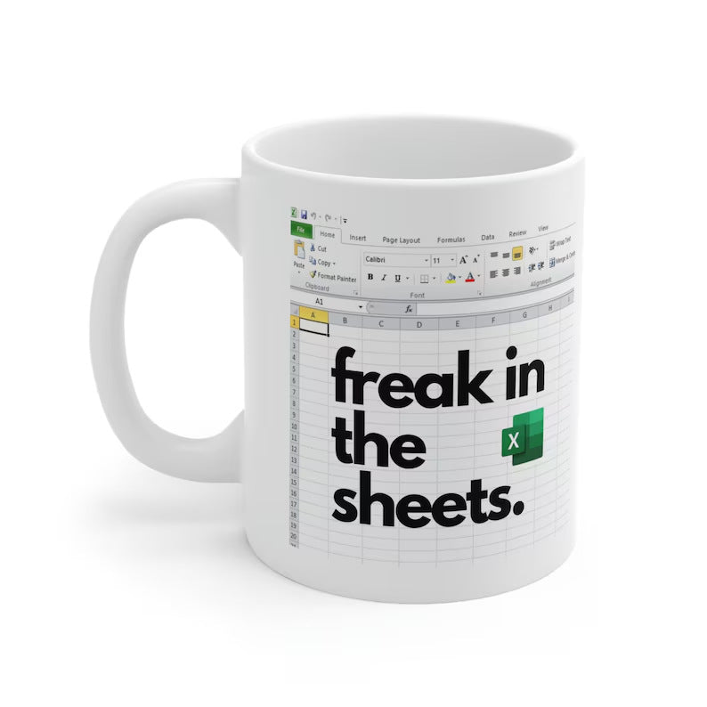 Spreadsheet-themed ceramic coffee mug