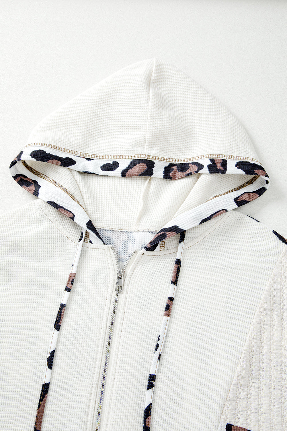 Leopard Waffle Knit Patchwork Zip Up Hoodie
