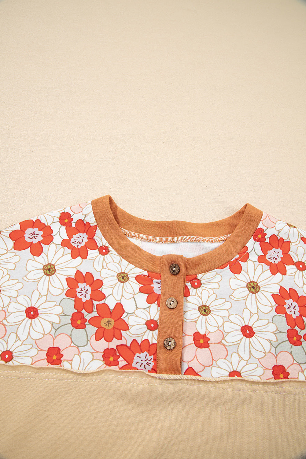 Floral Plaid Patchwork Long Sleeve Henley Top