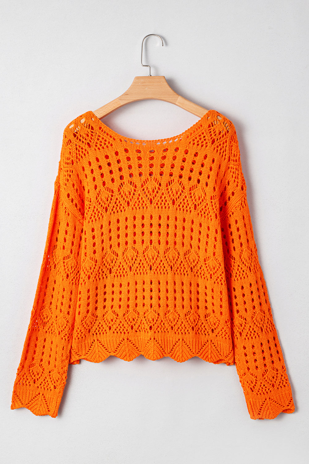 Solid Open Crochet Scallop Edge Sweater