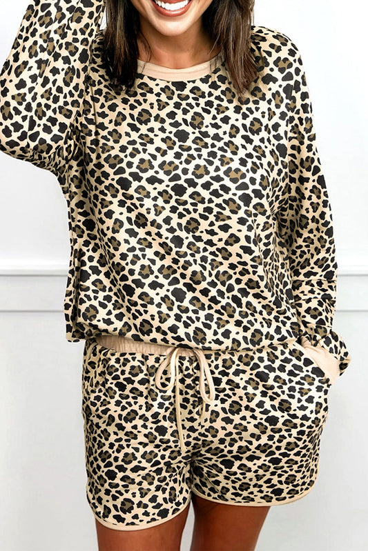 Leopard Contrast Trim Pullover and Drawstring Shorts Set