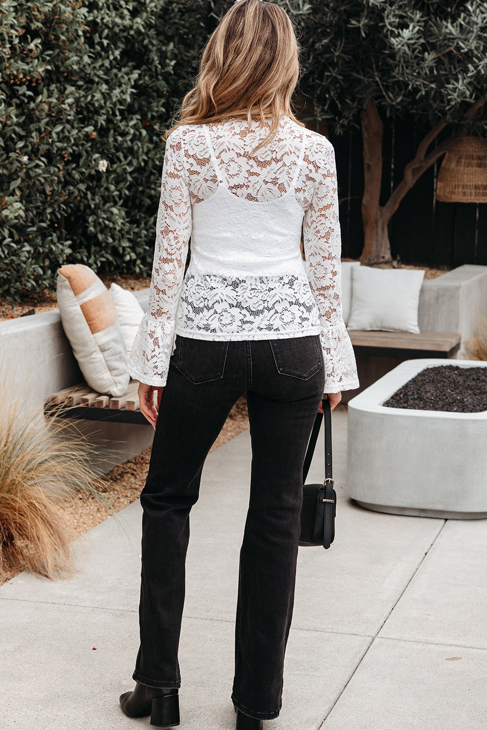 Solid Lace Crochet Bell Sleeve Blouse