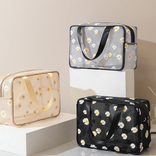 Mesh Cosmetic Bag, Small Daisy Beach Wash Bag, Travel Women's Simple Storage Bag, Go Out Portable Mesh Shower Tote Bag,