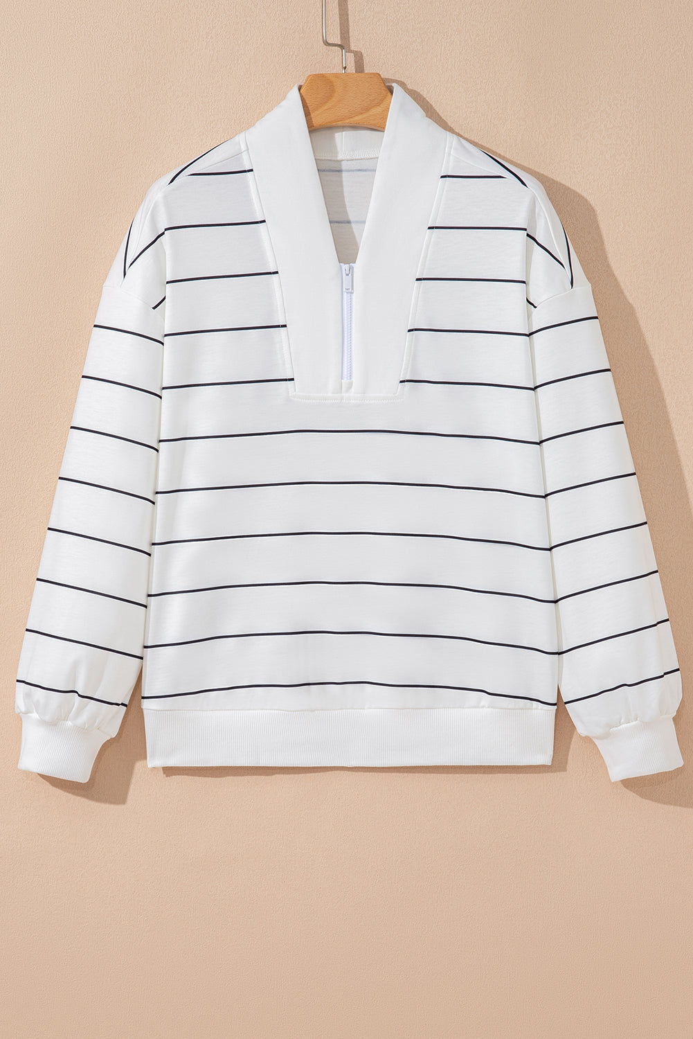 Stripe Zipped V-Neck Long Sleeve Top