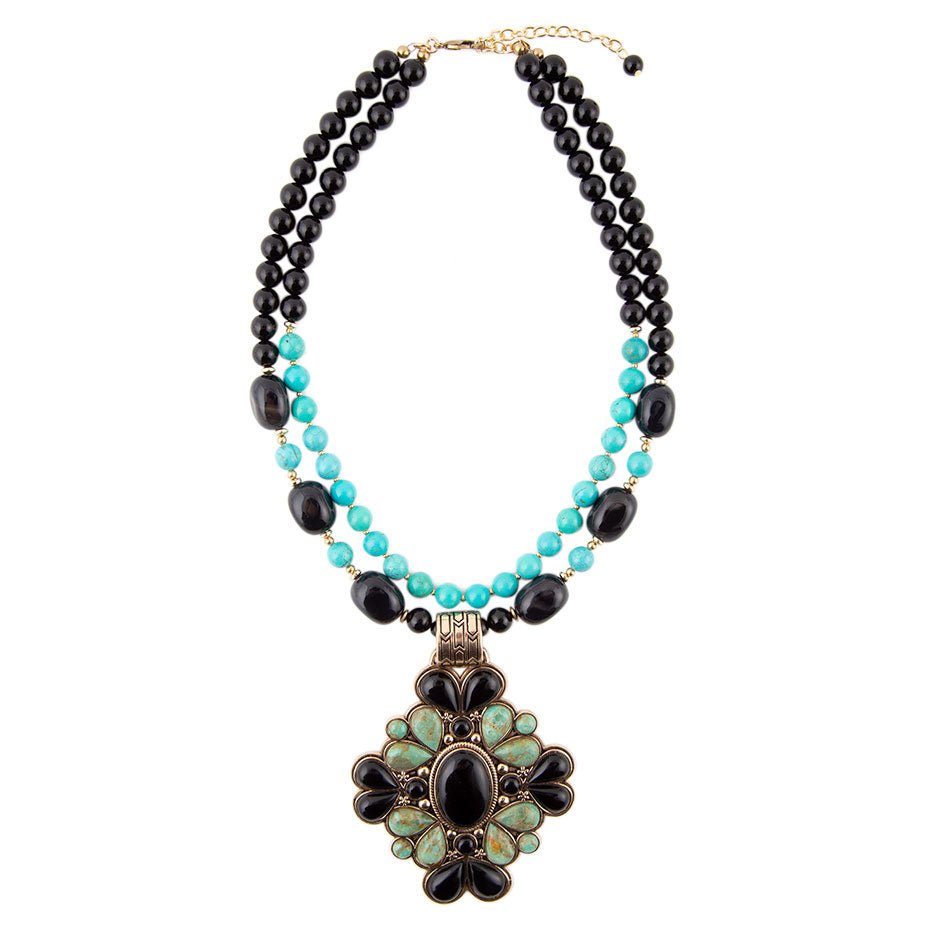 Barcelona Blue Turquoise and Black Onyx Golden Statement Necklace