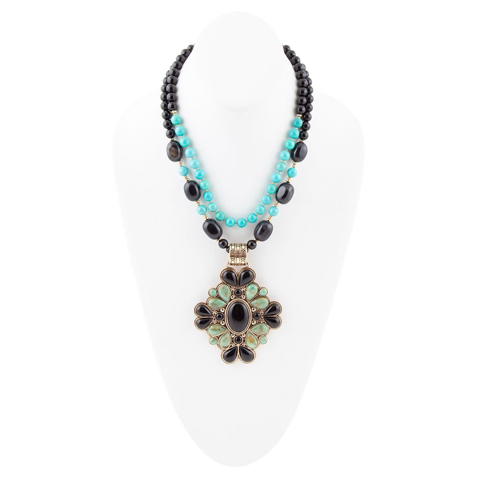 Barcelona Blue Turquoise and Black Onyx Golden Statement Necklace
