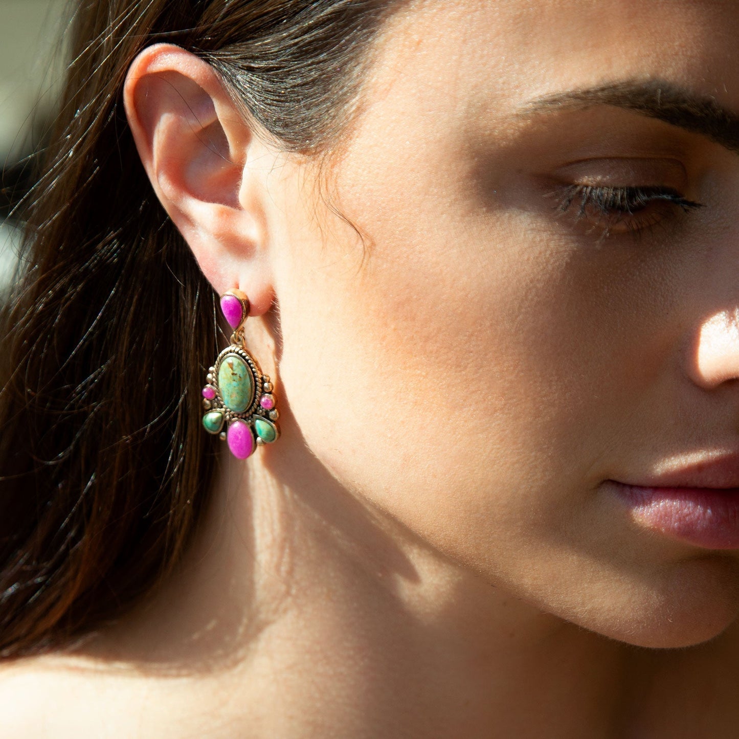 Barcelona Blue Turquoise and Pink Agate Golden Drop Earrings