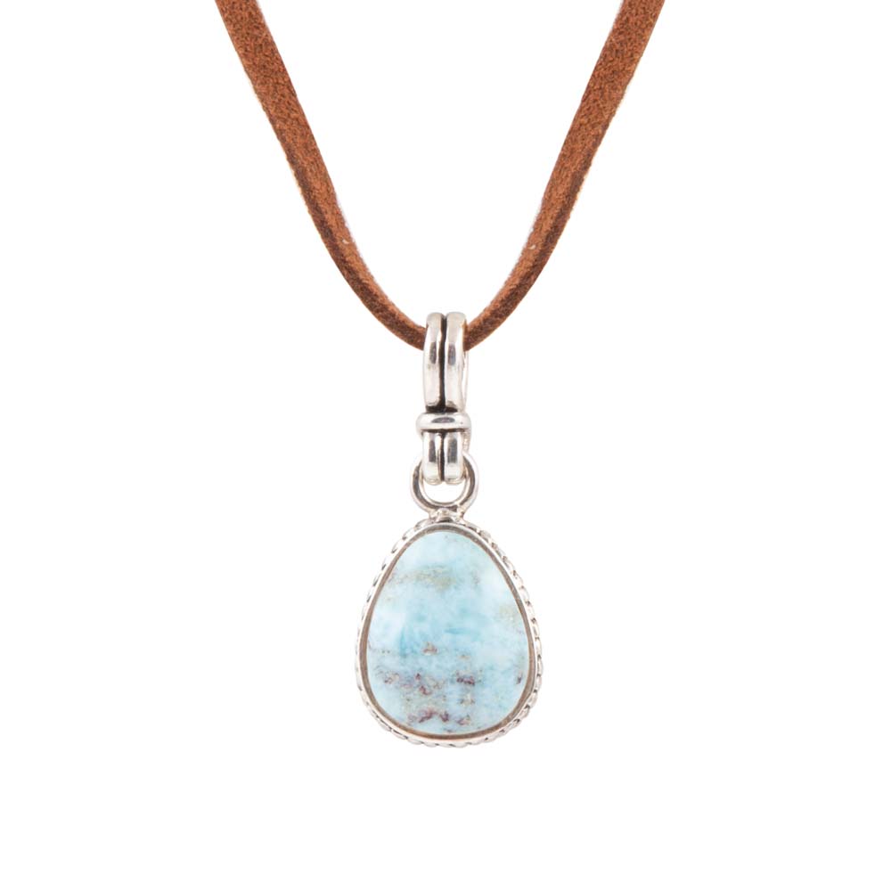 Basic Blue Larimar and Sterling Silver Pendant Leather Necklace