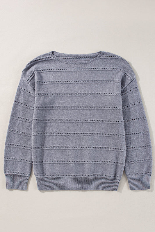 Pointelle Knit Boat Neck Drop Shoulder Sweater