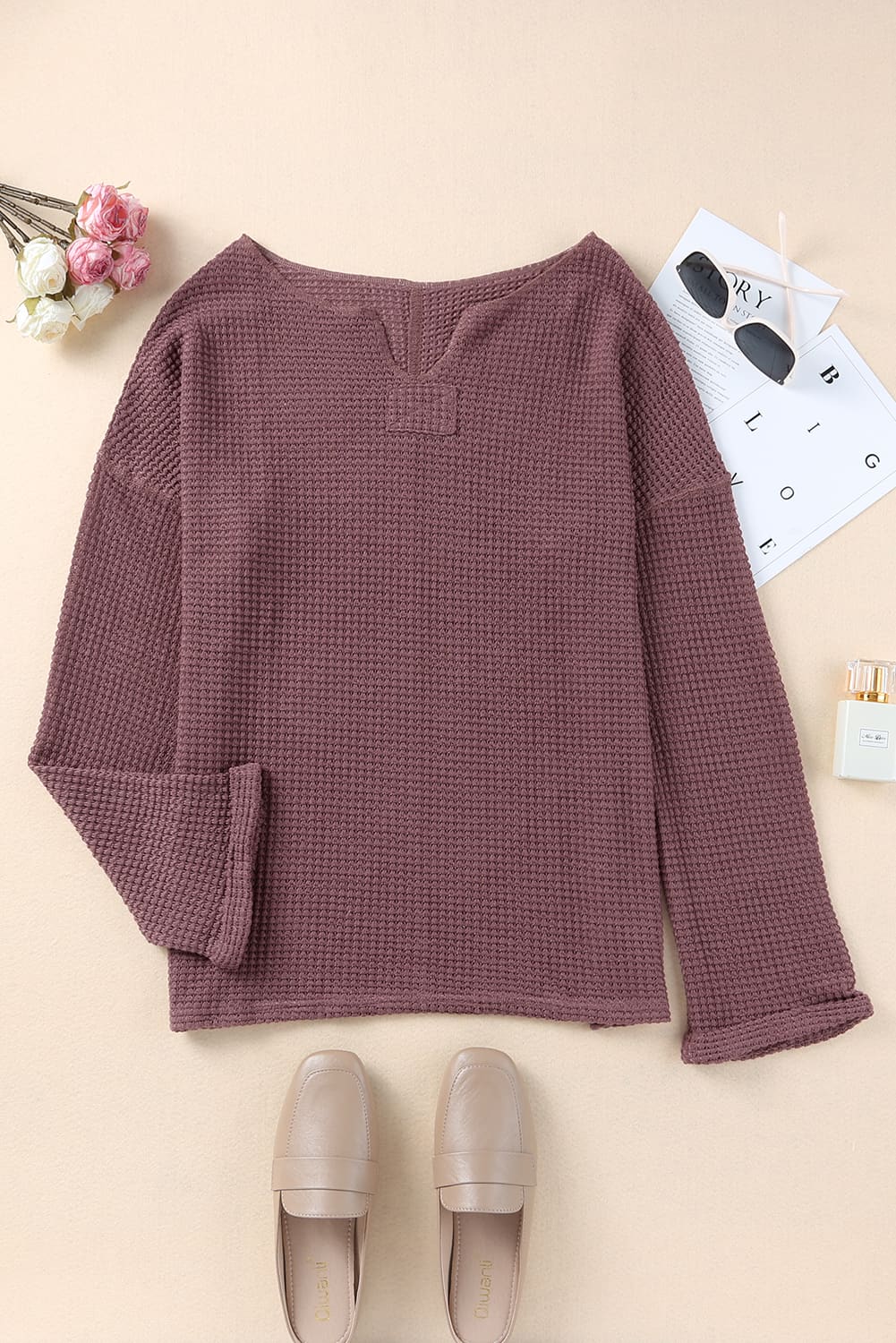 Solid Waffle Knit Long Sleeve Top