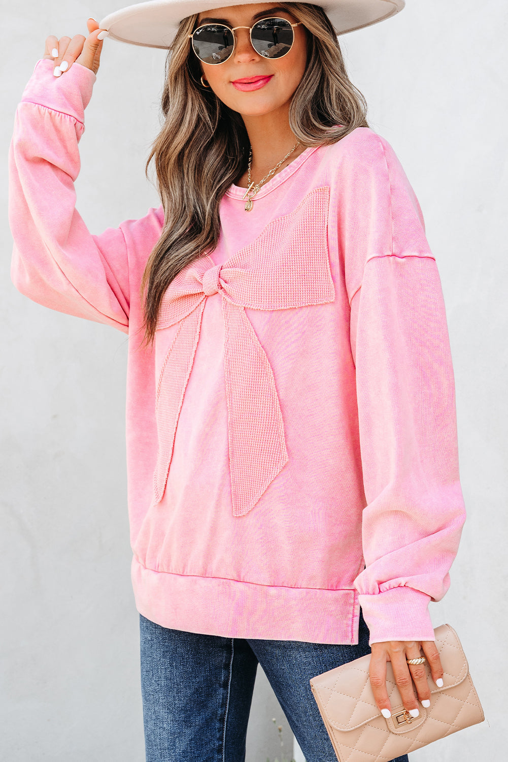 Solid Bow Patchwork Mineral Wash Sweatshirt